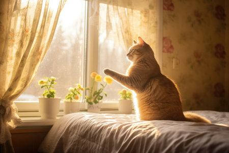 cat stretching on cozy bed with morning light, created with generative aiの素材