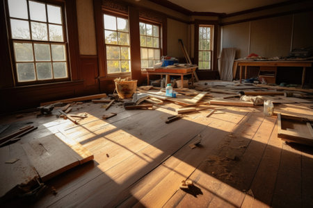 floorboard replacement process with carpentry tools, created with generative aiの素材