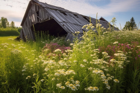 collapsed barn surrounded by growing wildflowers, created with generative aiの素材