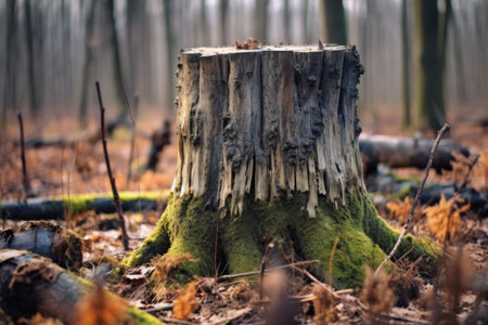 close-up of tree stump in deforested region, created with generative aiの素材