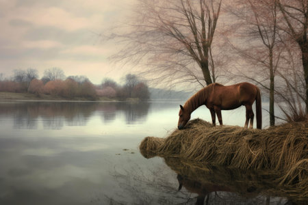 horse eating hay near a peaceful river, created with generative aiの素材