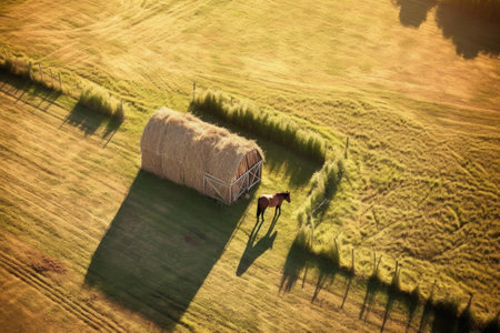 aerial view of horse munching hay in field, created with generative aiの素材