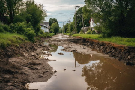 muddy river flowing beside damaged road, created with generative aiの素材