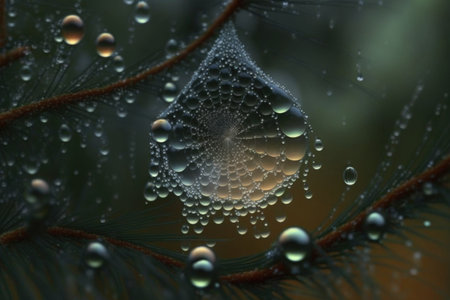 close-up of dewdrop on spider web in sinister forest, created with generative aiの素材