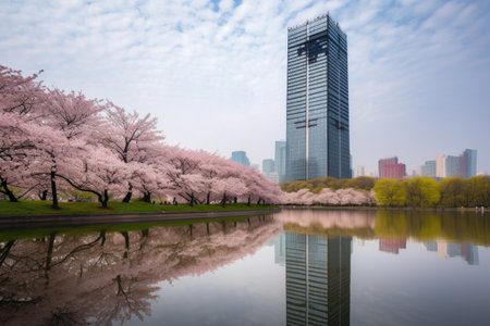 skyscraper with tranquil lake and cherry blossom trees in the background, created with generative aiの素材