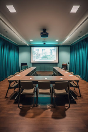 empty conference room with chairs, table, and projector screen, created with generative aiの素材