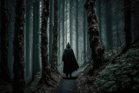mysterious figure, cloaked in black, walking along trail through eerie forest, created with generative aiの素材