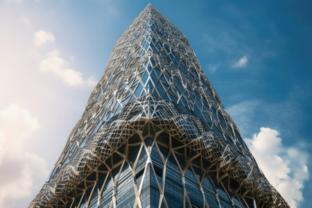 high-tech skyscraper with futuristic design and features, incorporating the latest in technology and architecture, created with generative aiの素材