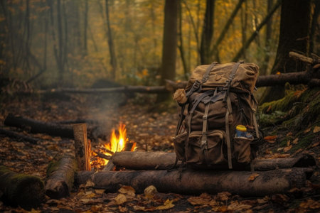 hiking backpack near a campfire in the woods, created with generative aiの素材
