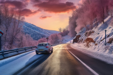 car driving on snowy mountain road at sunrise, created with generative aiの素材