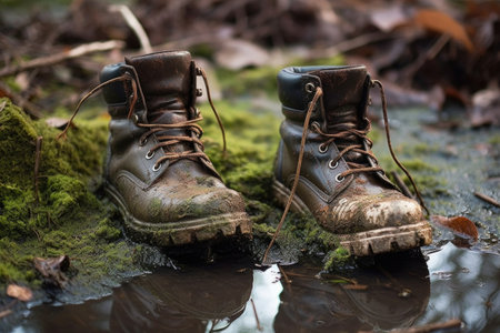 hiking boots submerged in a muddy puddle, created with generative aiの素材