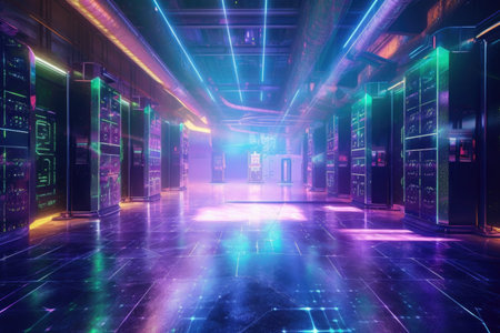 holographic data center with glowing servers, created with generative aiの素材
