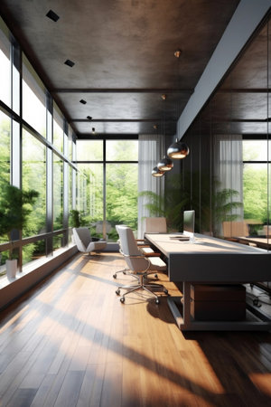 modern office interior with sleek furniture and large windows, created with generative aiの素材