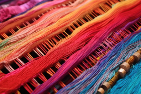 close-up of colorful threads on weaving loom, created with generative aiの素材