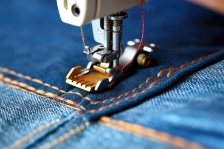 sewing machine stitching denim pockets, created with generative aiの素材