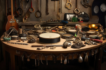 various tambourine components spread on worktable, created with generative aiの素材