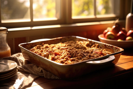 golden brown apple crisp cooling in sunlight, created with generative aiの素材