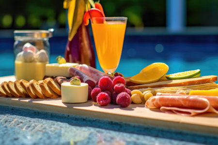 close-up of french 75 ingredients on a poolside bar, created with generative aiの素材