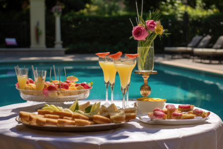 pool party setup with french 75 cocktails in the foreground, created with generative aiの素材