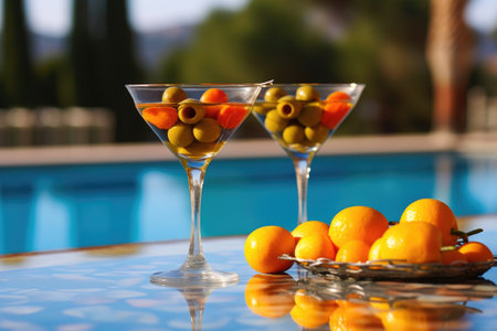 close-up of martini glasses with olives by poolside, created with generative aiの素材