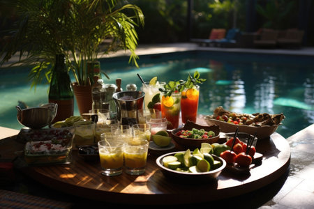 poolside bar setup with mojito ingredients, created with generative aiの素材