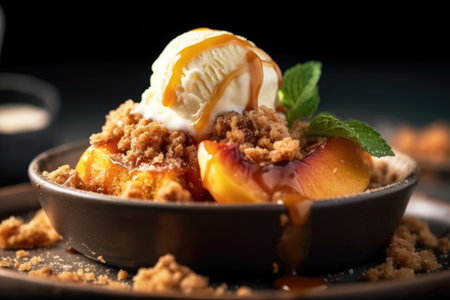 warm peach crumble served with a scoop of ice cream, created with generative aiの素材