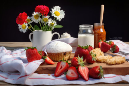 strawberry shortcake ingredients on a picnic table, created with generative aiの素材