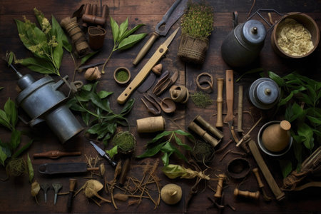 artful arrangement of tea processing tools and leaves, created with generative aiの素材