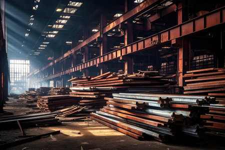 steel beams stacked at a metalworking facility, created with generative aiの素材