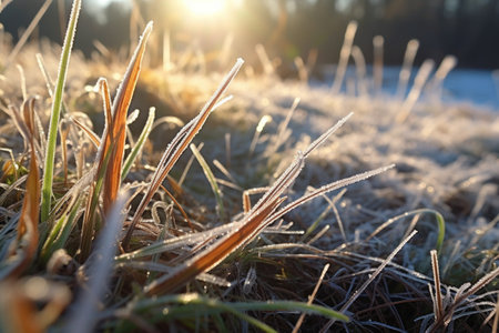 close-up of frost-covered blades of grass glistening in sunlight, created with generative aiの素材