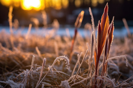 frost-covered grass with a bokeh background of rising sun, created with generative aiの素材
