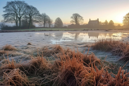 frosty grass field with a frozen pond in the background, created with generative aiの素材