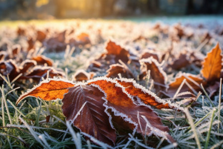 morning frost on grass with autumn leaves scattered around, created with generative aiの素材
