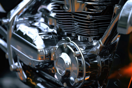 detail of a motorcycle engine with shiny chrome parts, created with generative aiの素材