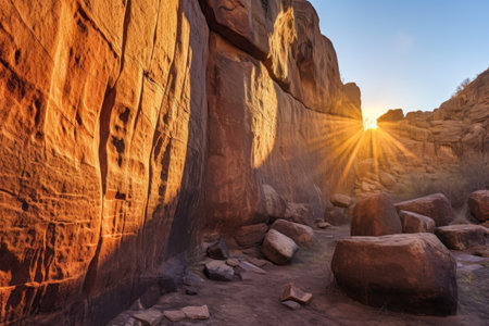 sunlit petroglyphs on canyon wall at sunset, created with generative aiの素材