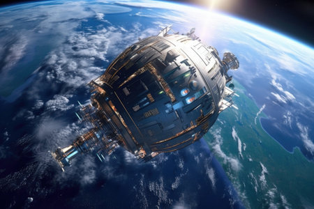 futuristic satellite orbiting earth in space, created with generative aiの素材