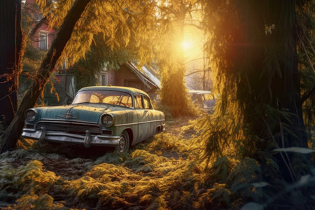 sunrays peeking through the trees onto abandoned cars, created with generative aiの素材