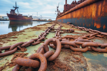 rusty anchors and chains at a vintage dockyard, created with generative aiの素材