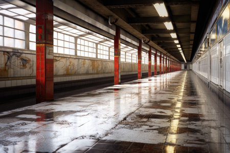 perspective view of empty subway platform, created with generative aiの素材