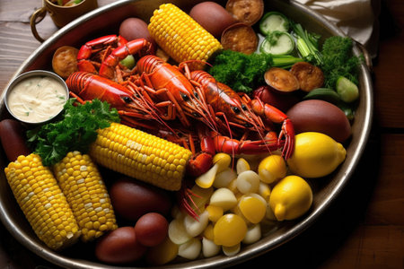 boiled crawfish, potatoes, and corn in a large serving platter, created with generative aiの素材