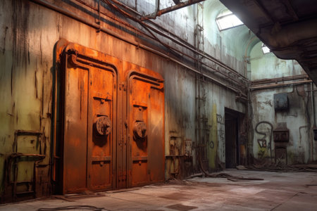 massive steel door sealing off forgotten subway area, created with generative aiの素材