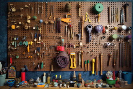 neatly arranged tools on pegboard wall, created with generative aiの素材