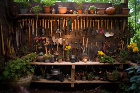 organized garden tools on a rack, created with generative aiの素材
