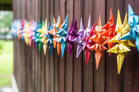 colorful origami cranes hanging on a string, created with generative aiの素材