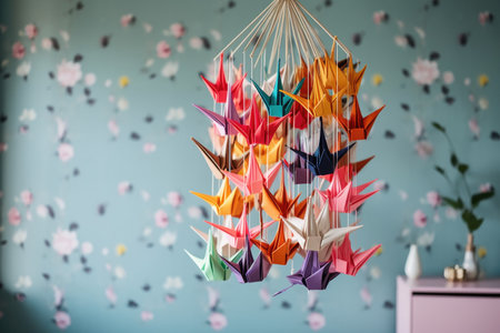 origami crane mobile hanging against a soft, pastel background, created with generative aiの素材