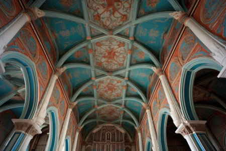 richly painted coffered ceiling in a cathedral, created with generative aiの素材