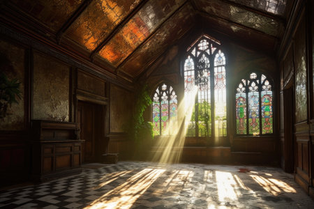 sunlight streaming through stained glass onto ceiling, created with generative aiの素材