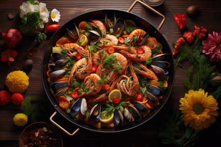 paella pan with colorful veggies and seafood mix, created with generative aiの素材
