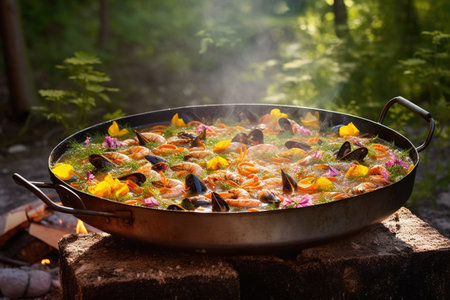 steaming seafood paella over open flame on a sunny day, created with generative aiの素材