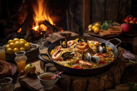 bbq seafood paella surrounded by rustic tableware, created with generative aiの素材